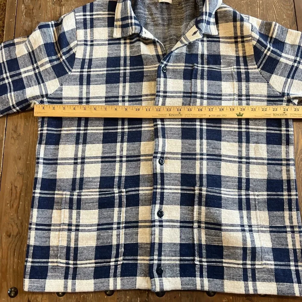 J. CREW Men's Large Cotton Knit Chore Jacket Sweater Navy Cream Plaid EUC